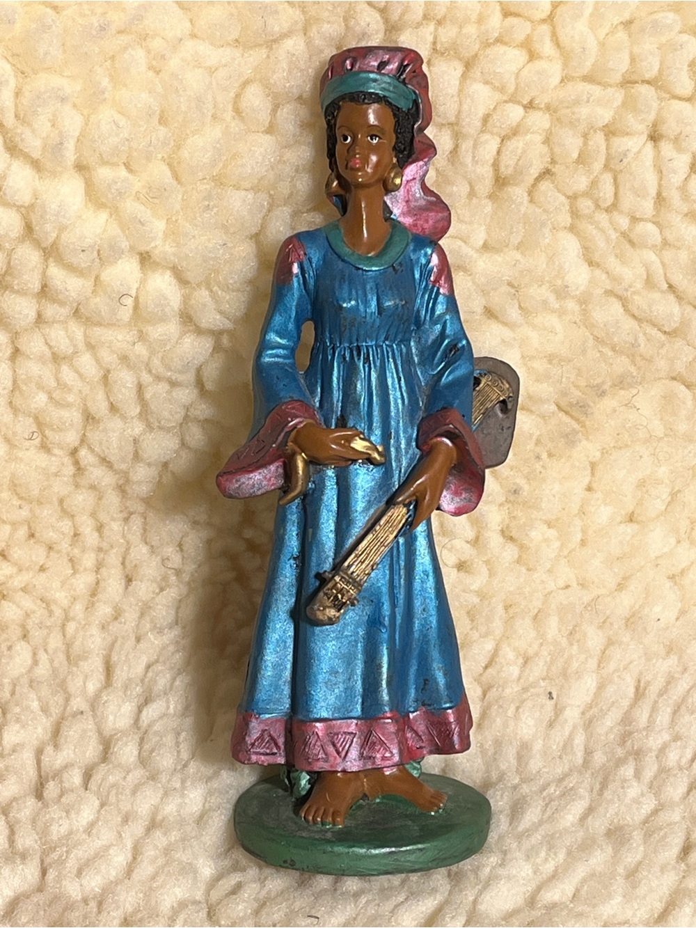 African Woman Musician Figurine Blue Pink Dress Holding String Instrument 6”